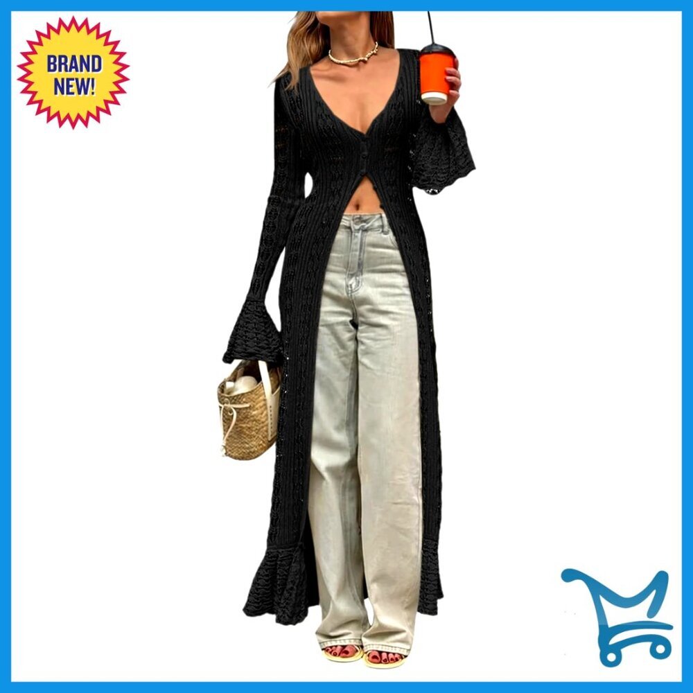 Crochet Long Cardigan Duster Button Up Bell Sleeve Boho Beach Cover Up